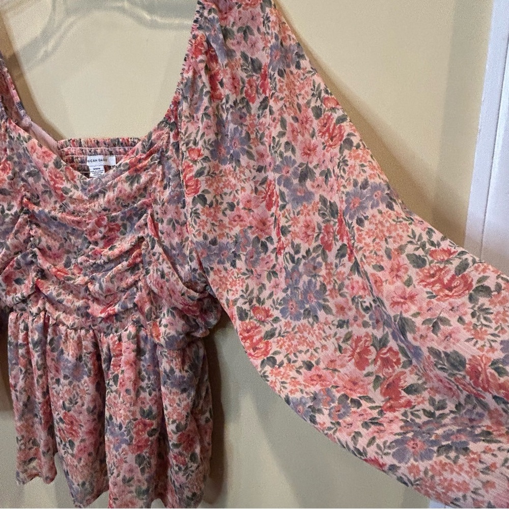 American Eagle Chiffon Ruched Babydoll Top - Picture 4 of 8